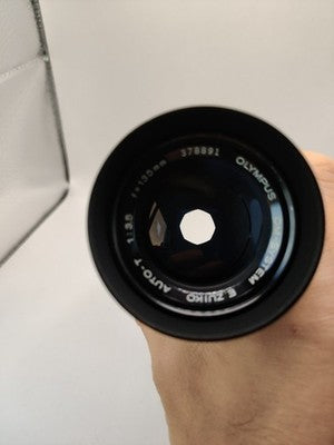 Vintage Olympus OM System E. Zuiko Auto-T 135mm f/3.5 Zoom Lens + Hood For 35mm Film SLR